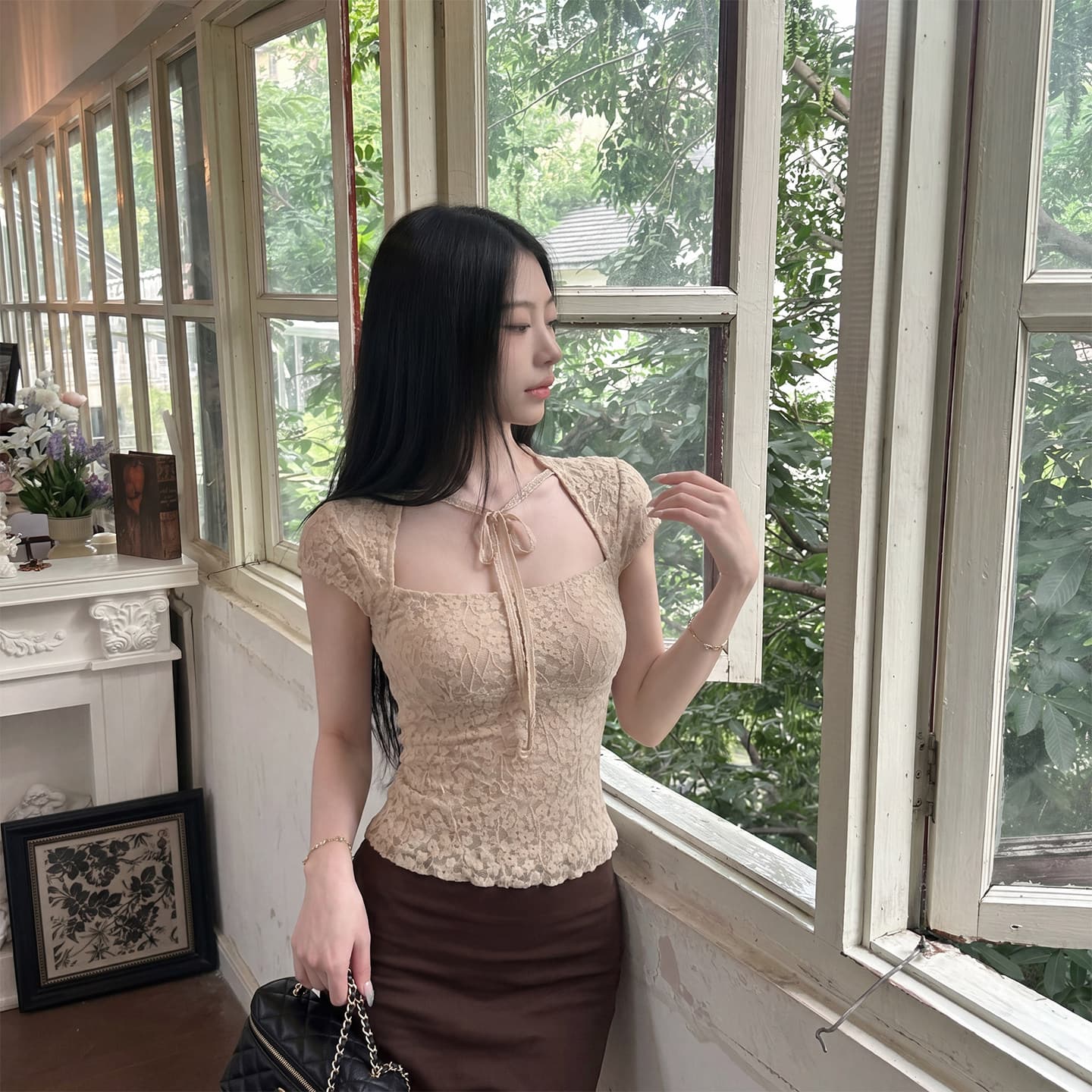 프랑스식 품격 부서 벨트 측면 칼라 반팔 레이스 작은 셔츠 여성 여름 새로운 몸매 가꾸기 슬림해 보이는 자이언트 잘 생긴 품격 맨위 상세 이미지 4
