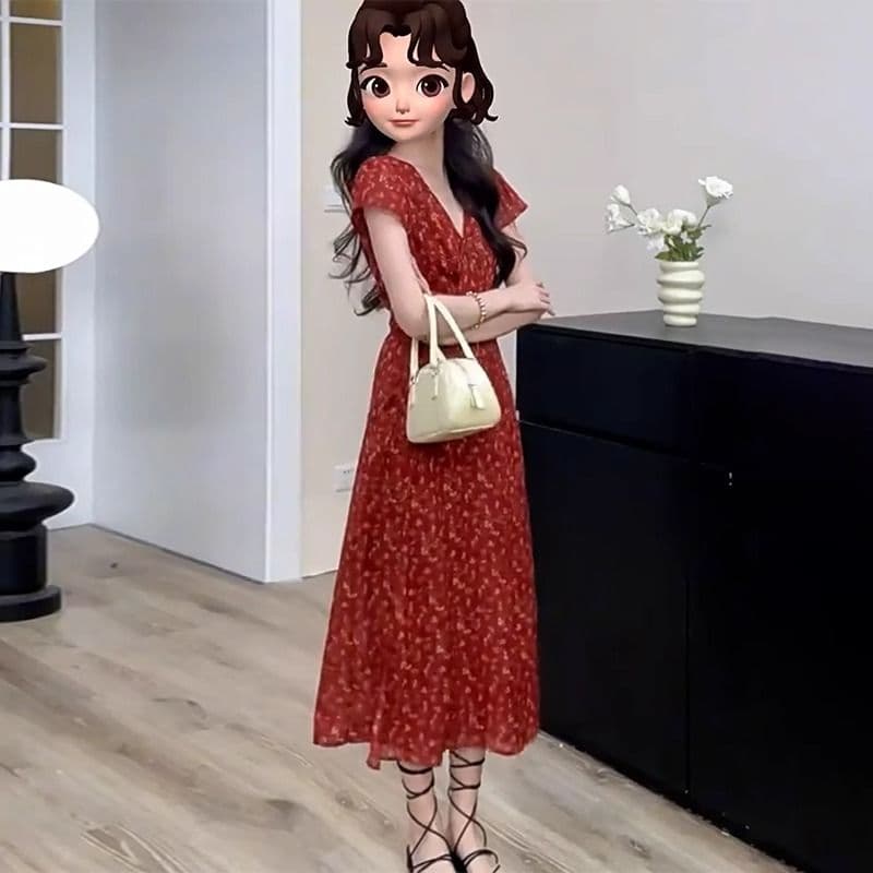 프랑스식 품격 빨간색 V넥 꽃무늬 드레스 아이들 여름 고급 센스 슈퍼 화재 Chic 고유 한 작은 대중 롱 스커트 이미지 2