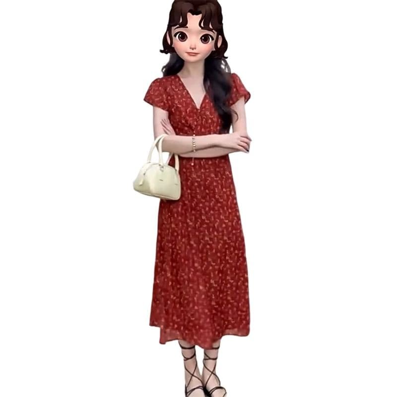 프랑스식 품격 빨간색 V넥 꽃무늬 드레스 아이들 여름 고급 센스 슈퍼 화재 Chic 고유 한 작은 대중 롱 스커트 이미지 5