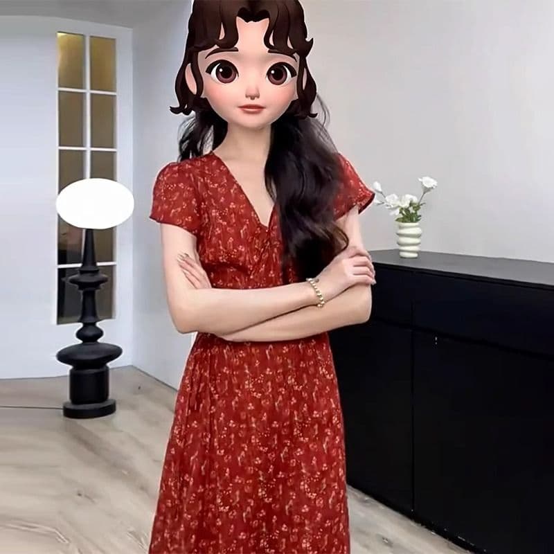 프랑스식 품격 빨간색 V넥 꽃무늬 드레스 아이들 여름 고급 센스 슈퍼 화재 Chic 고유 한 작은 대중 롱 스커트 이미지 4