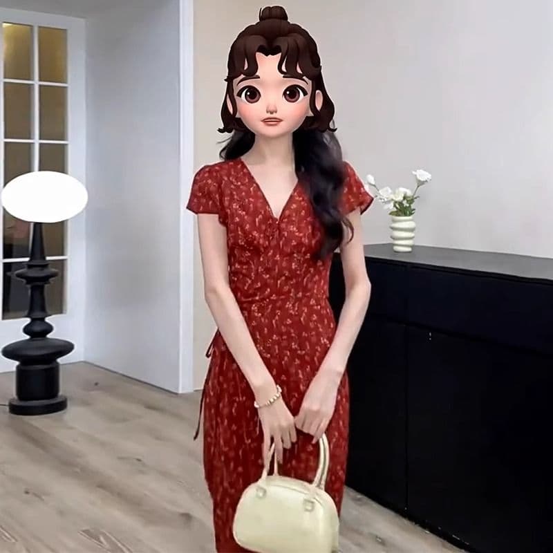 프랑스식 품격 빨간색 V넥 꽃무늬 드레스 아이들 여름 고급 센스 슈퍼 화재 Chic 고유 한 작은 대중 롱 스커트 이미지 3