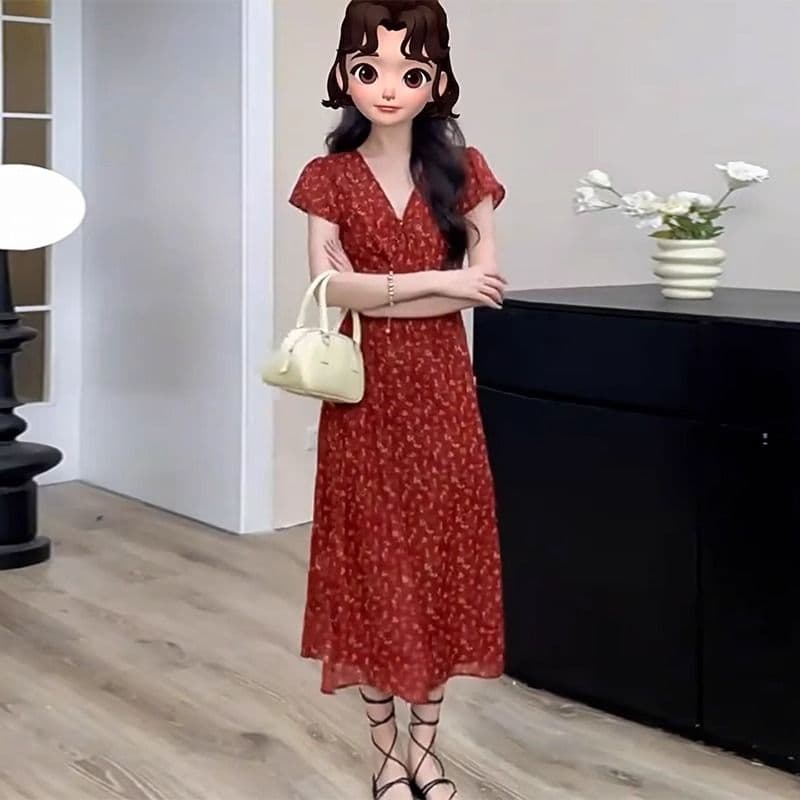 프랑스식 품격 빨간색 V넥 꽃무늬 드레스 아이들 여름 고급 센스 슈퍼 화재 Chic 고유 한 작은 대중 롱 스커트
