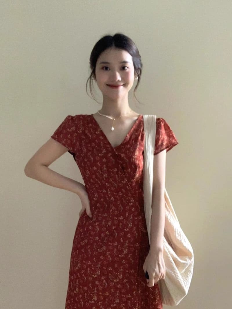 프랑스식 품격 빨간색 V넥 꽃무늬 드레스 아이들 여름 고급 센스 슈퍼 화재 Chic 고유 한 작은 대중 롱 스커트 상세 이미지 2