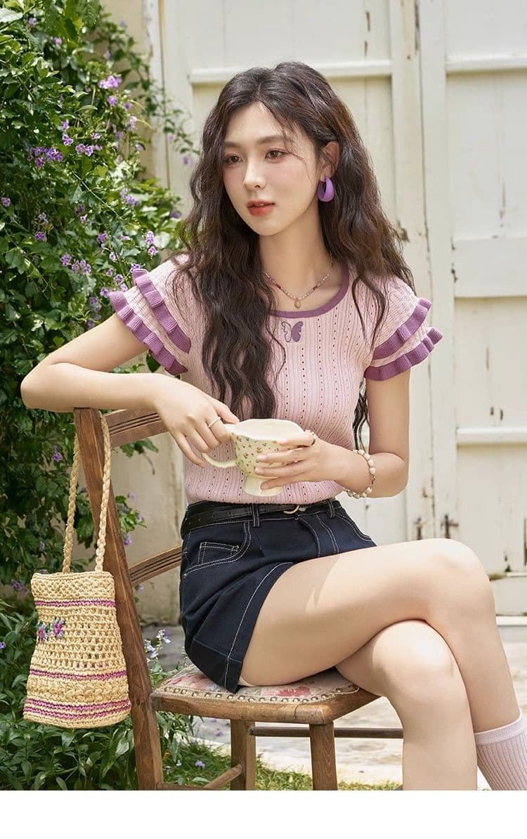 레트로 배색 니트 티셔츠 여성 2024 여름 새로운 여성 의류 작은 대중 디자인 센스 다용도 맨위 여성 트렌디 상세 이미지 26