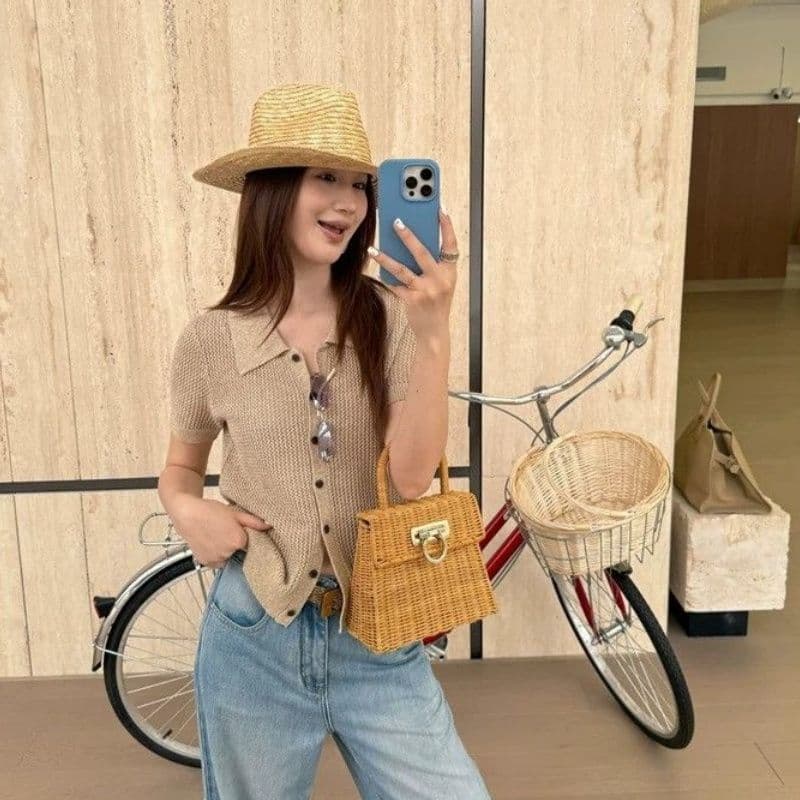 POLO 칼라 홀로우 아웃 반팔 여성 여름 느긋한 착용 가져 가라. 몸매 가꾸기 슬림해 보이는 니트 스웨터 긍정적 인 어깨 오픈 가디건 맨위 이미지 2