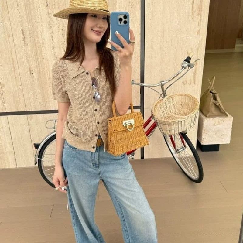POLO 칼라 홀로우 아웃 반팔 여성 여름 느긋한 착용 가져 가라. 몸매 가꾸기 슬림해 보이는 니트 스웨터 긍정적 인 어깨 오픈 가디건 맨위 이미지 5