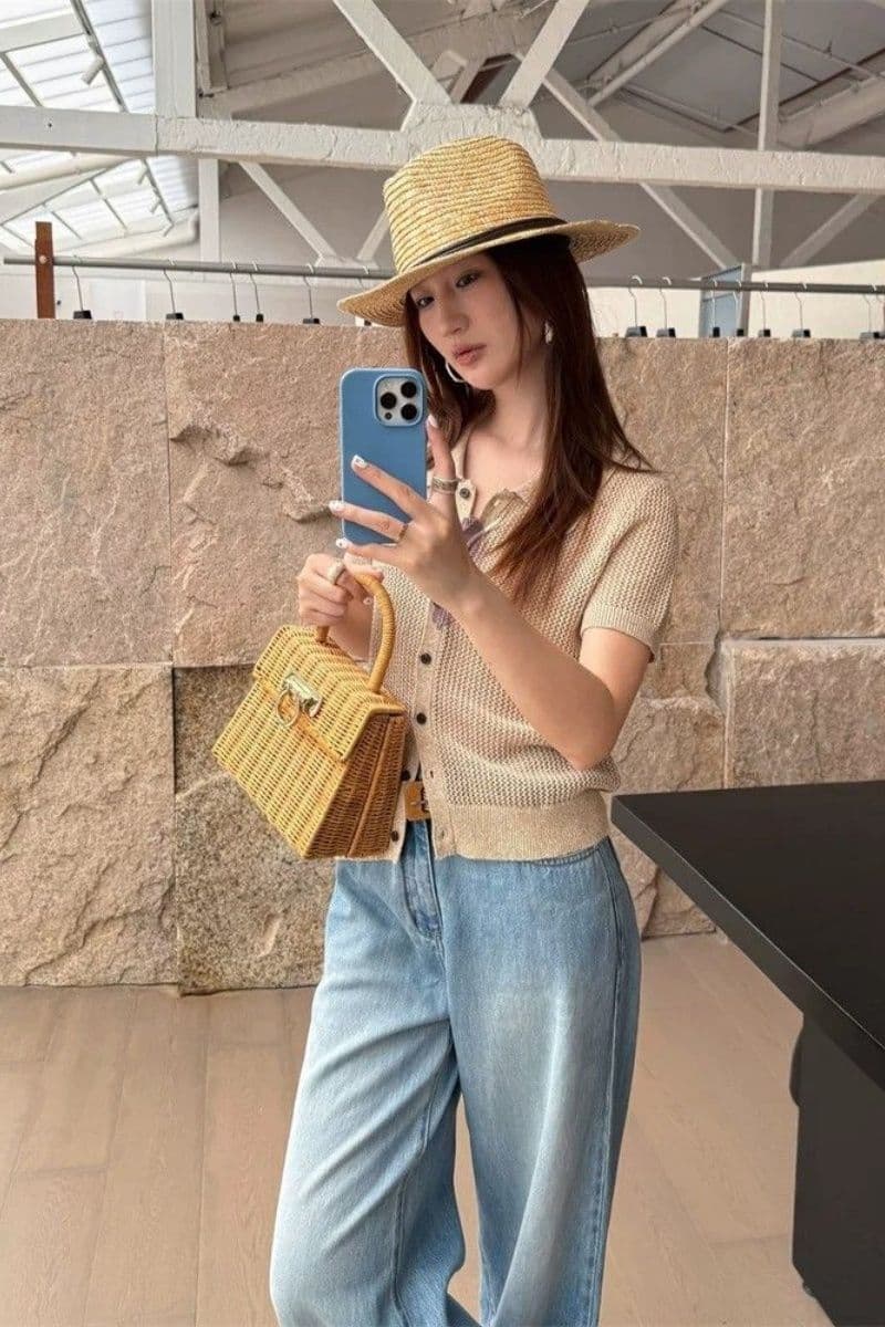 POLO 칼라 홀로우 아웃 반팔 여성 여름 느긋한 착용 가져 가라. 몸매 가꾸기 슬림해 보이는 니트 스웨터 긍정적 인 어깨 오픈 가디건 맨위 상세 이미지 6