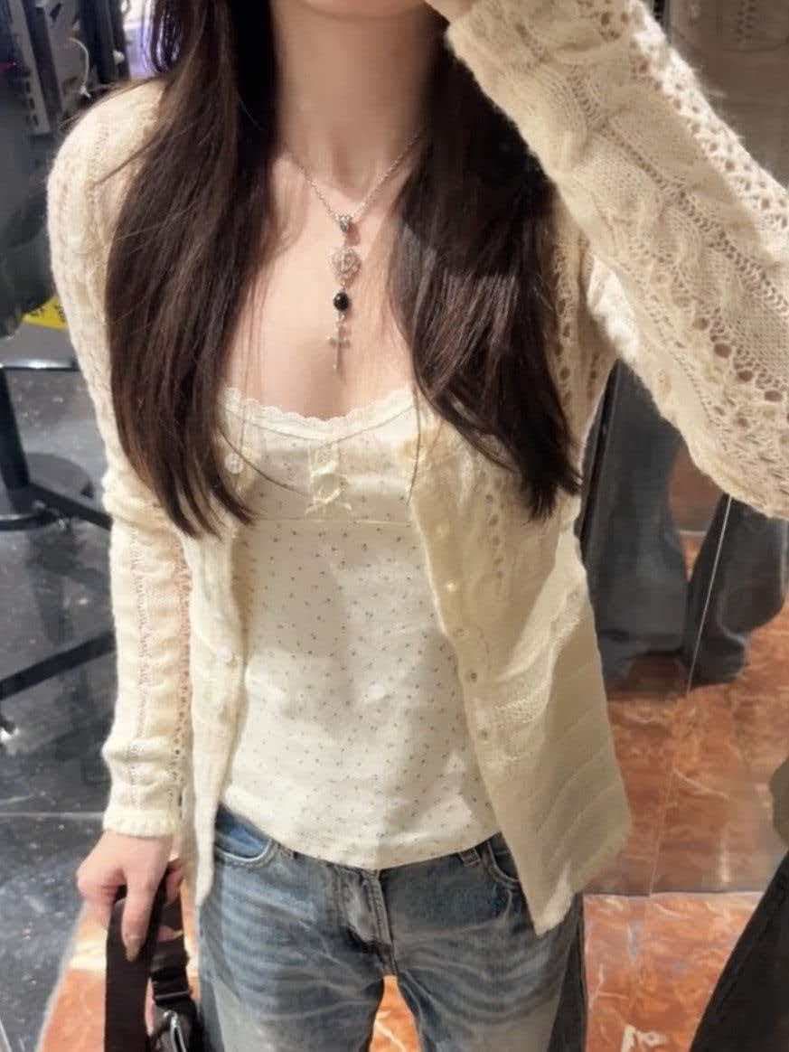 한 부서 느긋한 홀로우 아웃 짜임 꽈배기 싱글 줄 버튼 V넥 오픈 가디건 맨위 니트 스웨터 상세 이미지 1