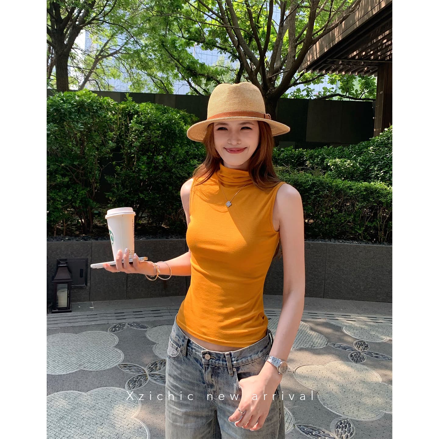 민소매 반하이넥 캐미솔 여름 새로운 몸매 가꾸기 슬림해 보이는 민소매 맨위 이미지 3