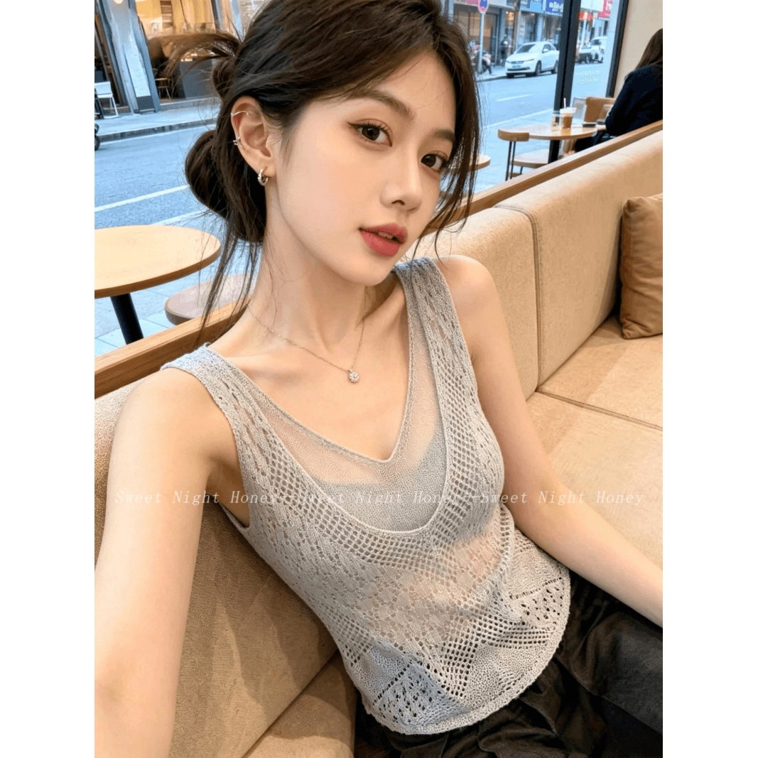 여름 프랑스식 휴가 바람 V넥 홀로우 아웃 니트 스웨터 여성 화이트 민소매 스택 착용 조끼 빛 요리 한 바람 민소매 맨위 이미지 5