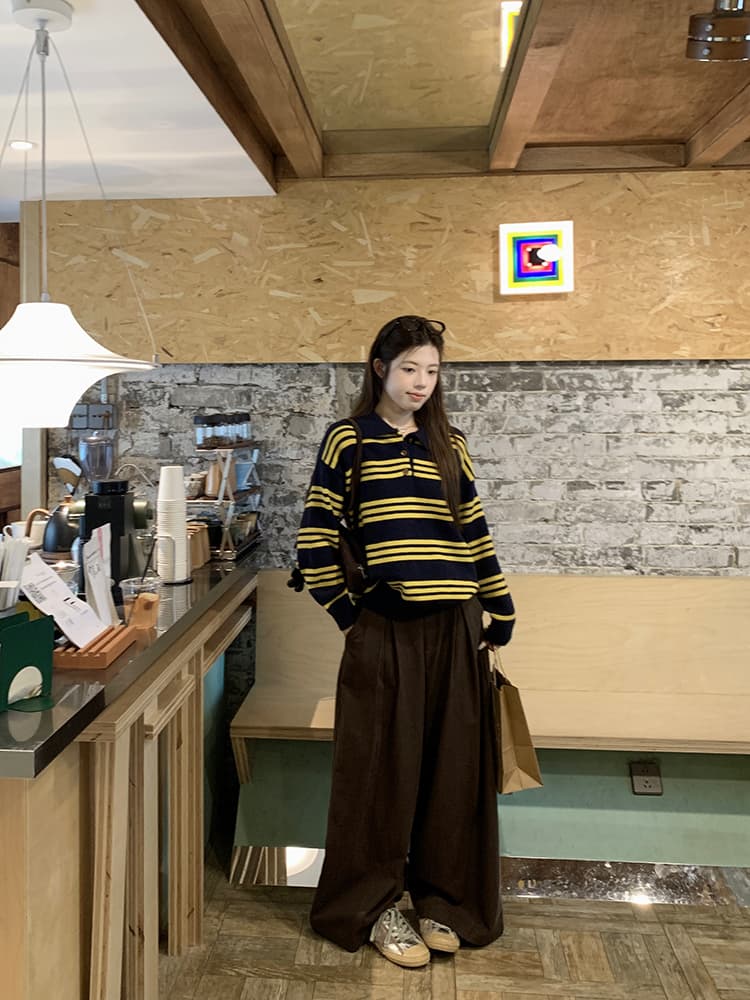 우 77 한 부서 세련된 배색 스트라이프 폴로 칼라 스웨터 여자 디자인 센스 캐주얼 루즈핏 풀오버 긴팔 니트 맨위 상세 이미지 11