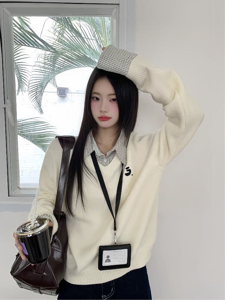 페이크 레이어드 체크무늬 패치워크 풀오버 긴팔 스웨터 여자 2025 봄 새로운 루즈핏 패션 보온 니트 스웨터 트렌디 이미지 2