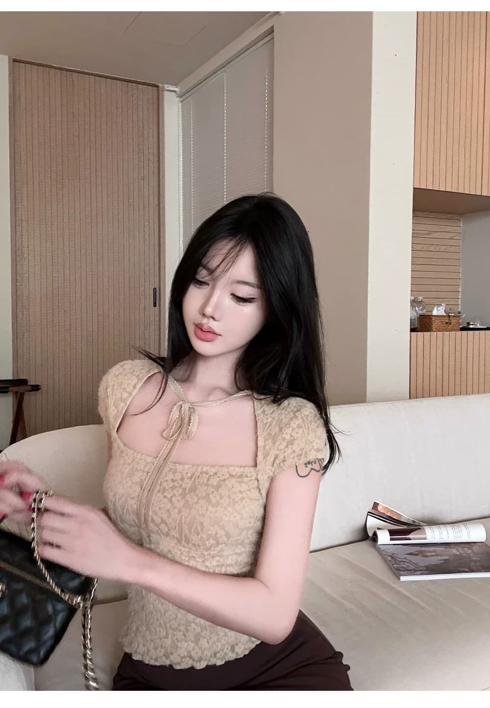 디자인 센스 무거운 작업 레이스 작은 셔츠 여성 여름 품격 슬림해 보이는 반팔 맨위 상세 이미지 24