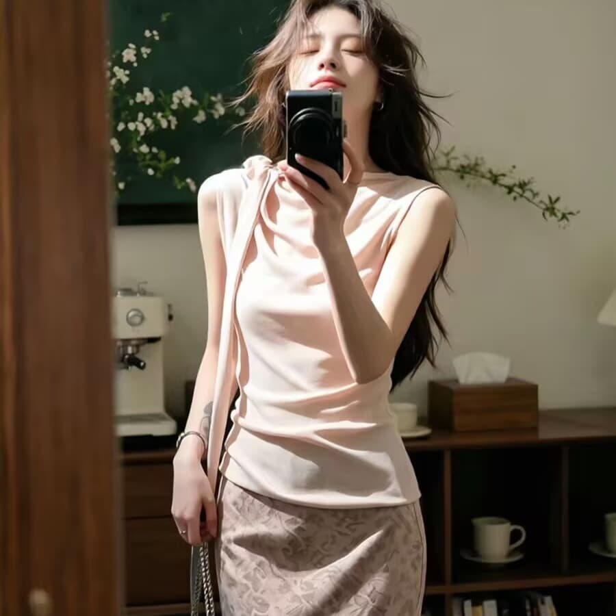 핑크색 몸매 가꾸기 리본 태국 아름다운 캐미솔 2026 여름 분위기 센스 핫걸 착용 가져 가라. 달콤한 매운맛 맨위 이미지 5