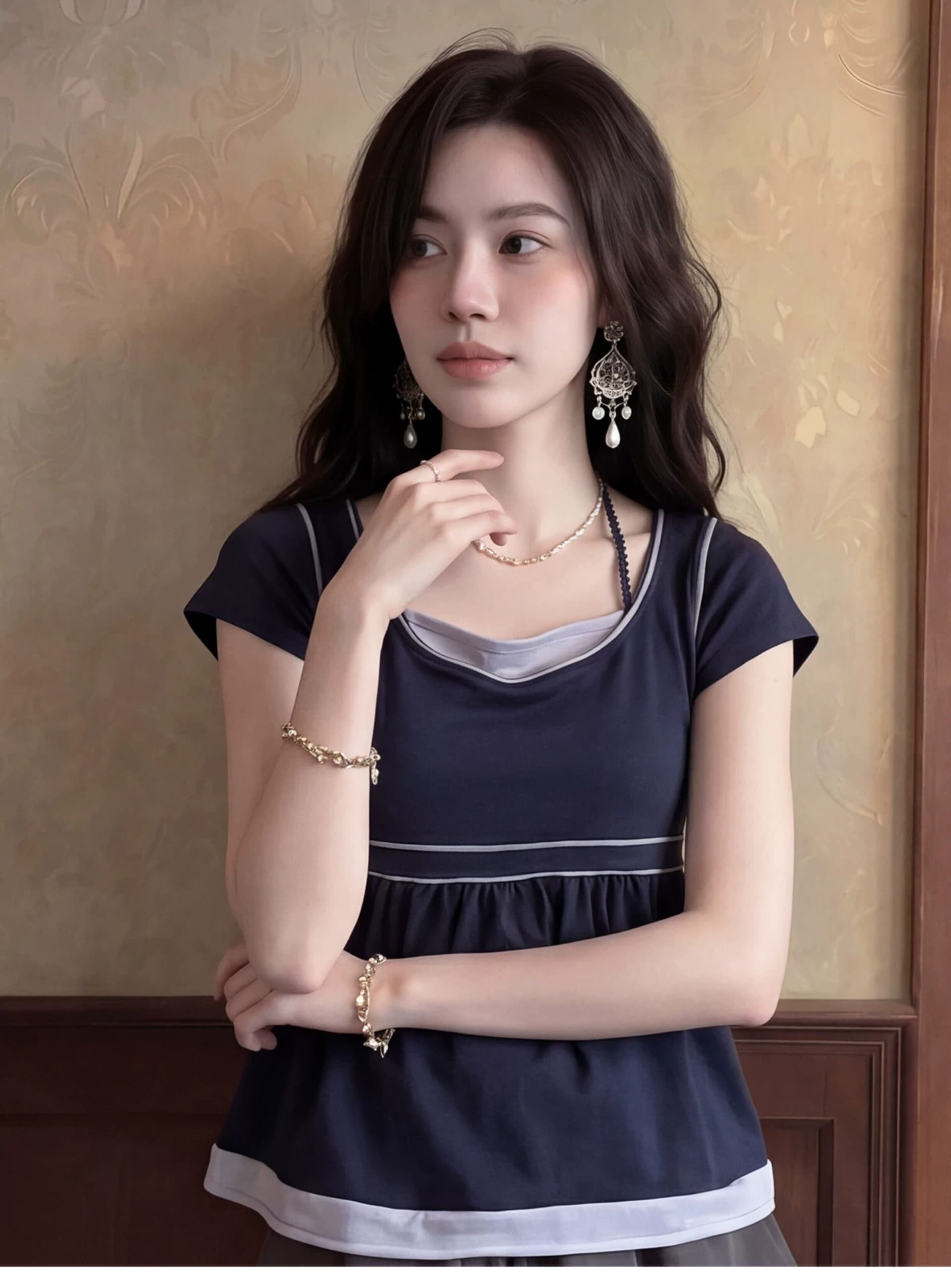 프랑스식 아름다운 보라색 패치워크 페이크 레이어드 반팔 티셔츠 여자 여름 디자인 센스 작은 대중 주름 허리 수축 맨위 상세 이미지 3