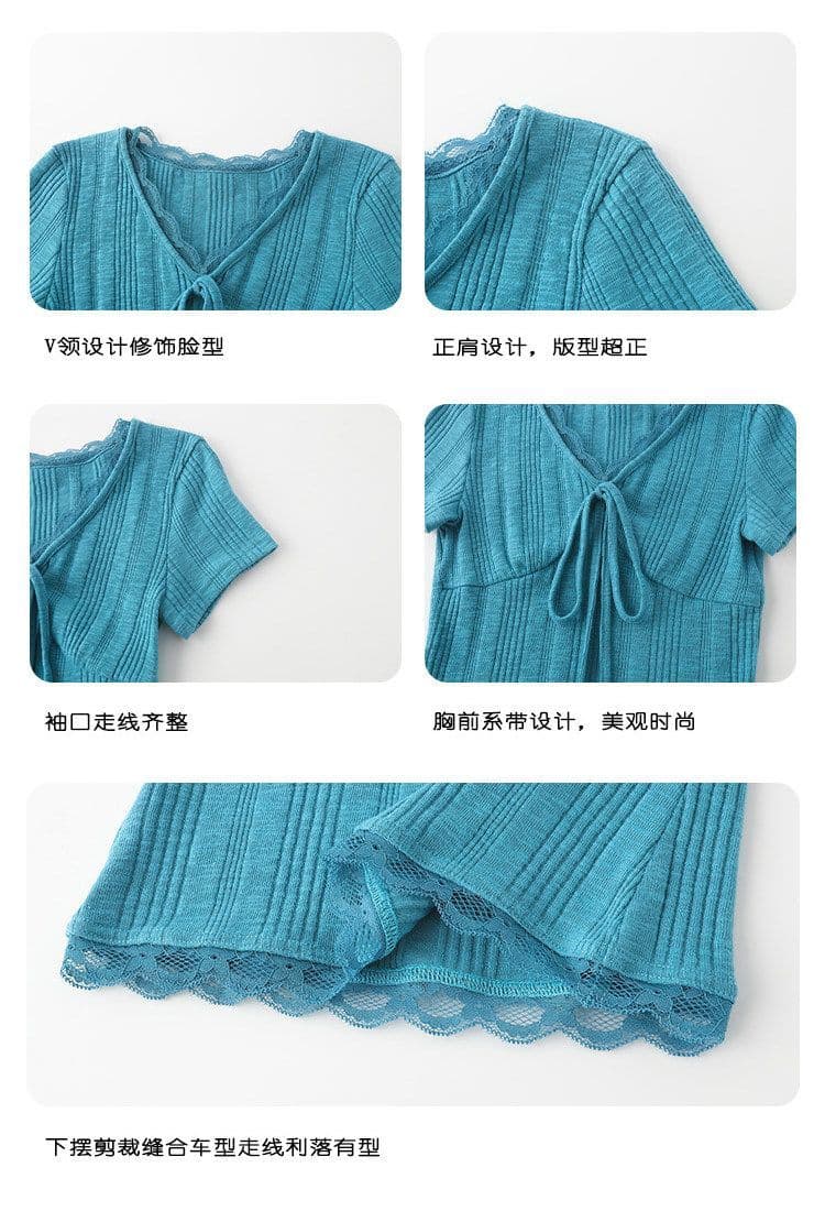 한 부서 파란색 V넥 레이스 레이스 긍정적 인 어깨 반팔 티셔츠 여성 여름 슈퍼 잘 생긴 몸매 가꾸기 슬림해 보이는 chic 작은 맨위 상세 이미지 7
