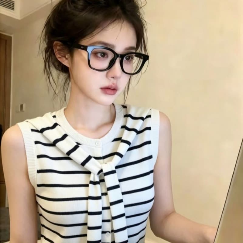 한 부서 배색 스트라이프 스트랩 숄 라운드 넥 민소매 니트 스웨터 2026 여름 몸매 가꾸기 슬림해 보이는 작은 대중 Chic 맨위 이미지 5