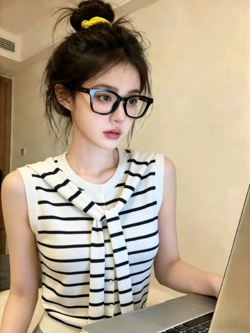 한 부서 배색 스트라이프 스트랩 숄 라운드 넥 민소매 니트 스웨터 2026 여름 몸매 가꾸기 슬림해 보이는 작은 대중 Chic 맨위 상세 이미지 4