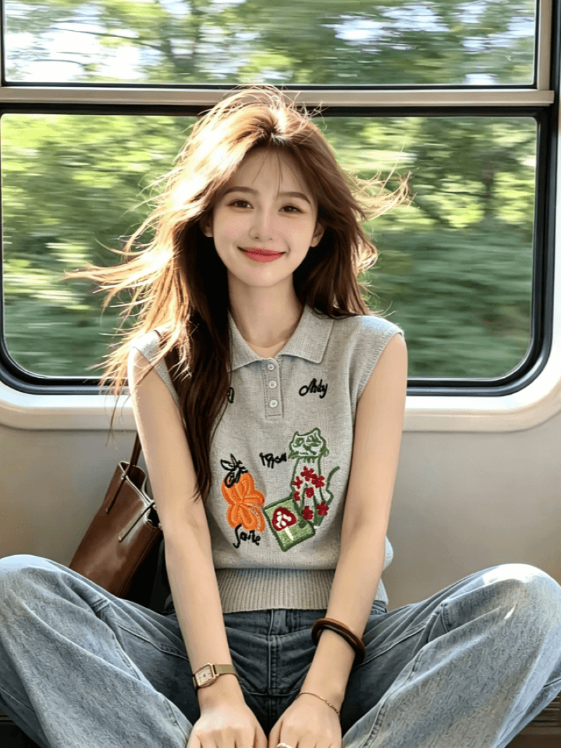 프랑스식 프릴 십자가 V넥 레이스업 반팔 니트 스웨터 여름 몸매 가꾸기 슬림해 보이는 패션 연령 감소 다용도 맨위 이미지 4