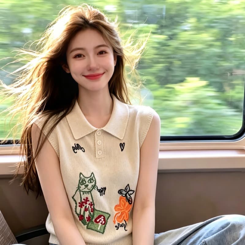 프랑스식 프릴 십자가 V넥 레이스업 반팔 니트 스웨터 여름 몸매 가꾸기 슬림해 보이는 패션 연령 감소 다용도 맨위