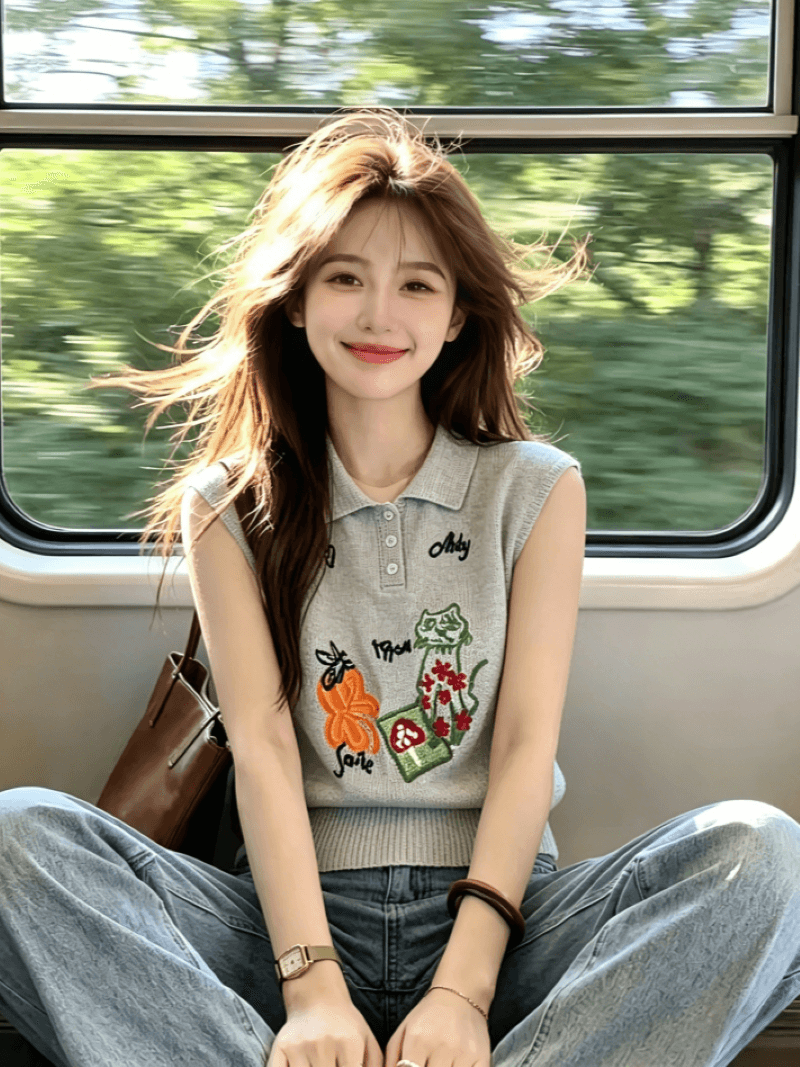 프랑스식 프릴 십자가 V넥 레이스업 반팔 니트 스웨터 여름 몸매 가꾸기 슬림해 보이는 패션 연령 감소 다용도 맨위 상세 이미지 2
