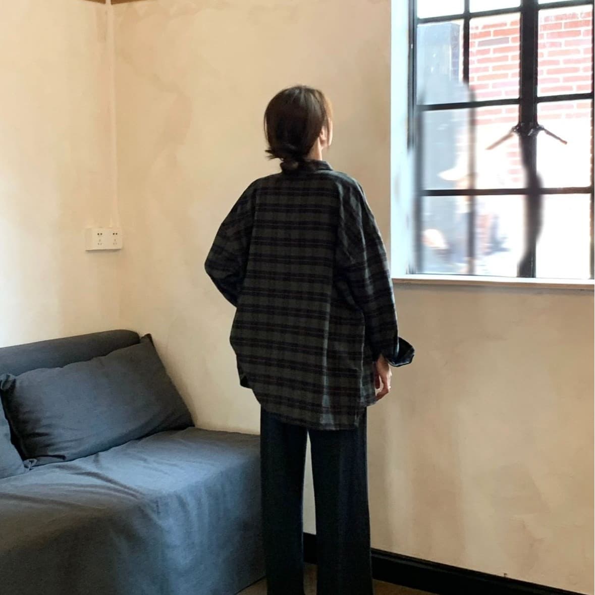 레트로 chic 녹색 체크무늬 여성 셔츠 가을 겨울철 루즈핏 느긋한 바람을 피우다 롱 코트 셔츠 재킷 오픈 가디건 외부 가져 가라. 이미지 3
