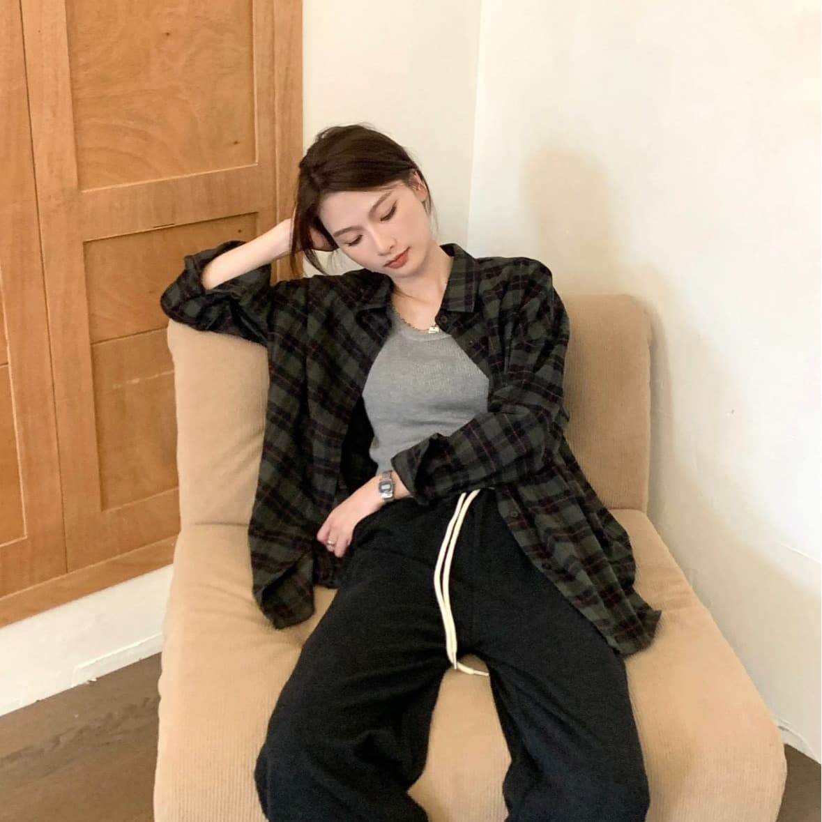 레트로 chic 녹색 체크무늬 여성 셔츠 가을 겨울철 루즈핏 느긋한 바람을 피우다 롱 코트 셔츠 재킷 오픈 가디건 외부 가져 가라.