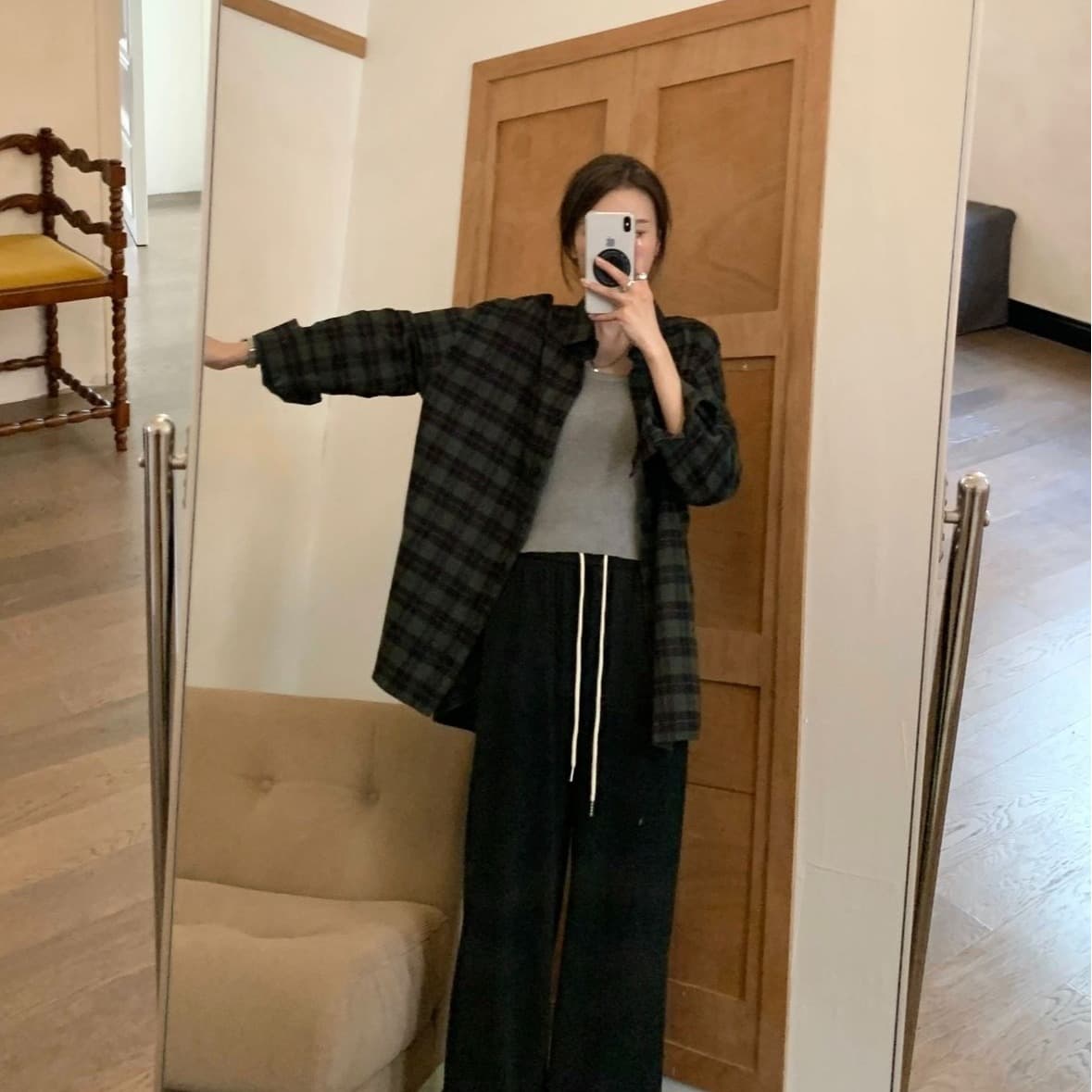 레트로 chic 녹색 체크무늬 여성 셔츠 가을 겨울철 루즈핏 느긋한 바람을 피우다 롱 코트 셔츠 재킷 오픈 가디건 외부 가져 가라. 이미지 4
