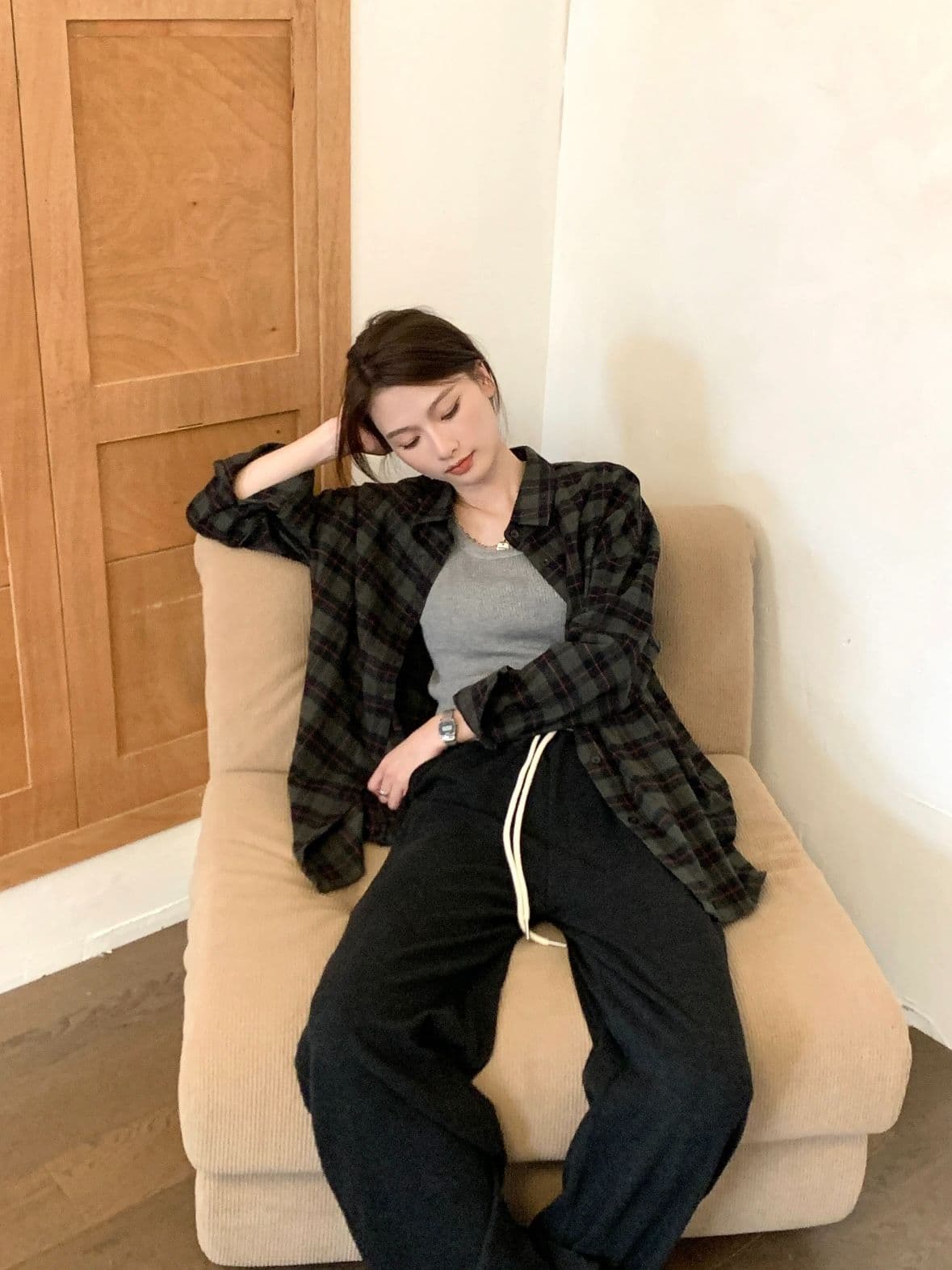 레트로 chic 녹색 체크무늬 여성 셔츠 가을 겨울철 루즈핏 느긋한 바람을 피우다 롱 코트 셔츠 재킷 오픈 가디건 외부 가져 가라. 상세 이미지 5