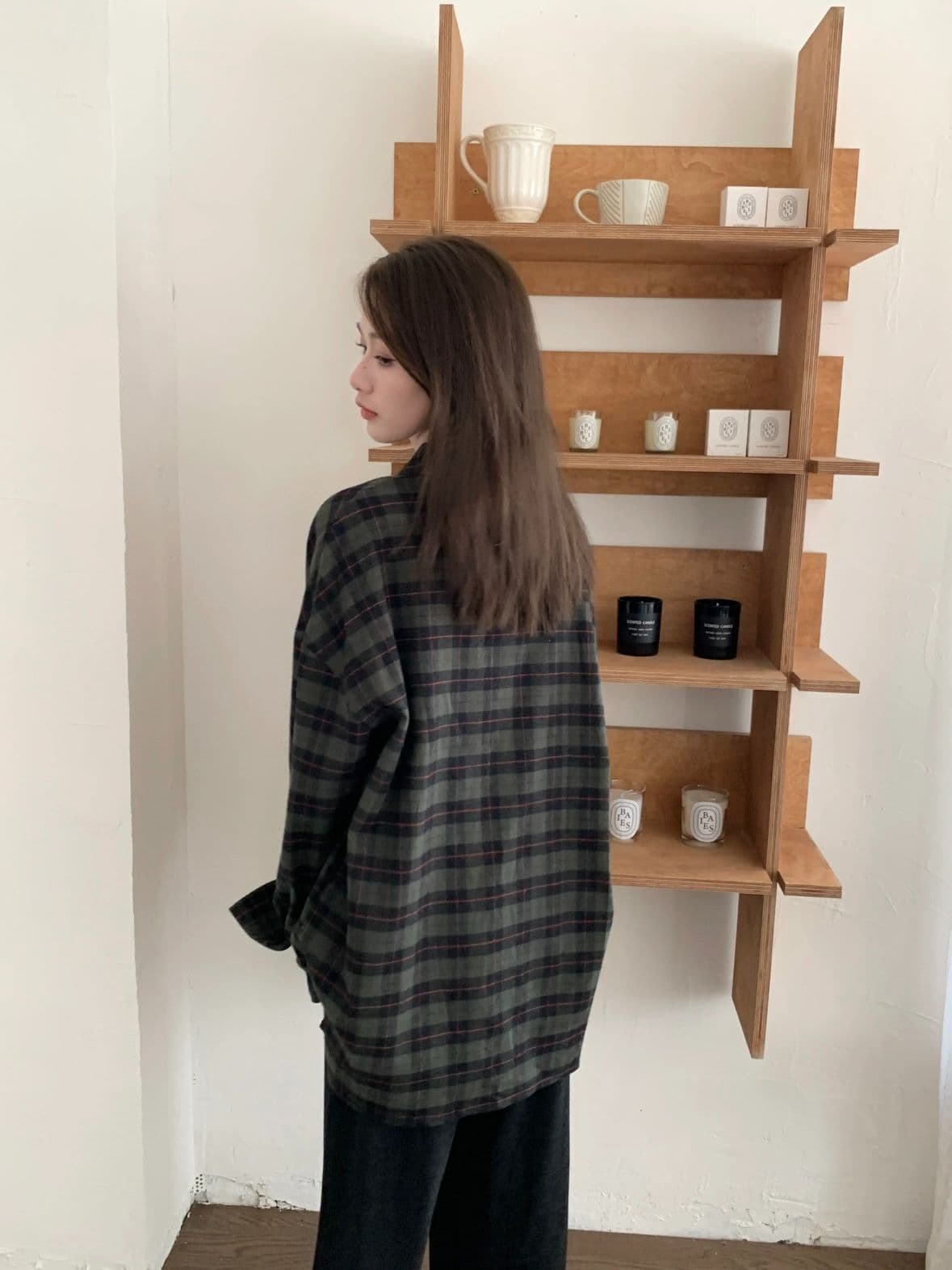 레트로 chic 녹색 체크무늬 여성 셔츠 가을 겨울철 루즈핏 느긋한 바람을 피우다 롱 코트 셔츠 재킷 오픈 가디건 외부 가져 가라. 상세 이미지 8