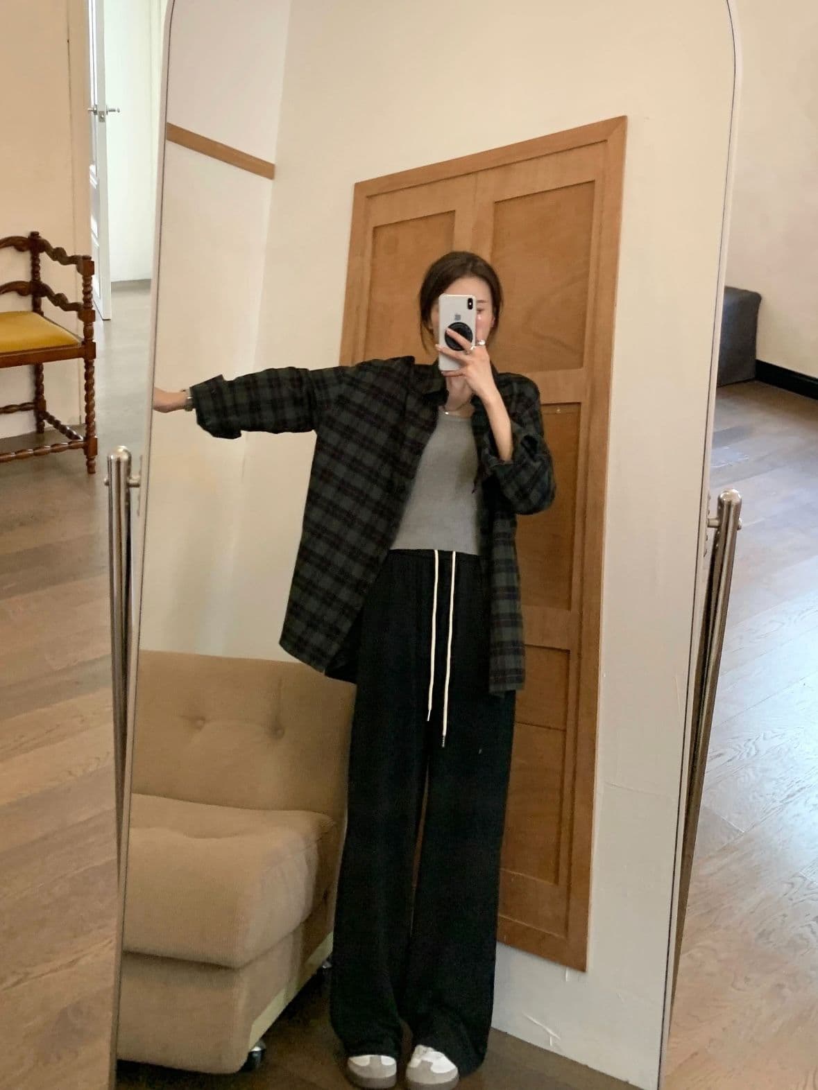 레트로 chic 녹색 체크무늬 여성 셔츠 가을 겨울철 루즈핏 느긋한 바람을 피우다 롱 코트 셔츠 재킷 오픈 가디건 외부 가져 가라. 상세 이미지 10