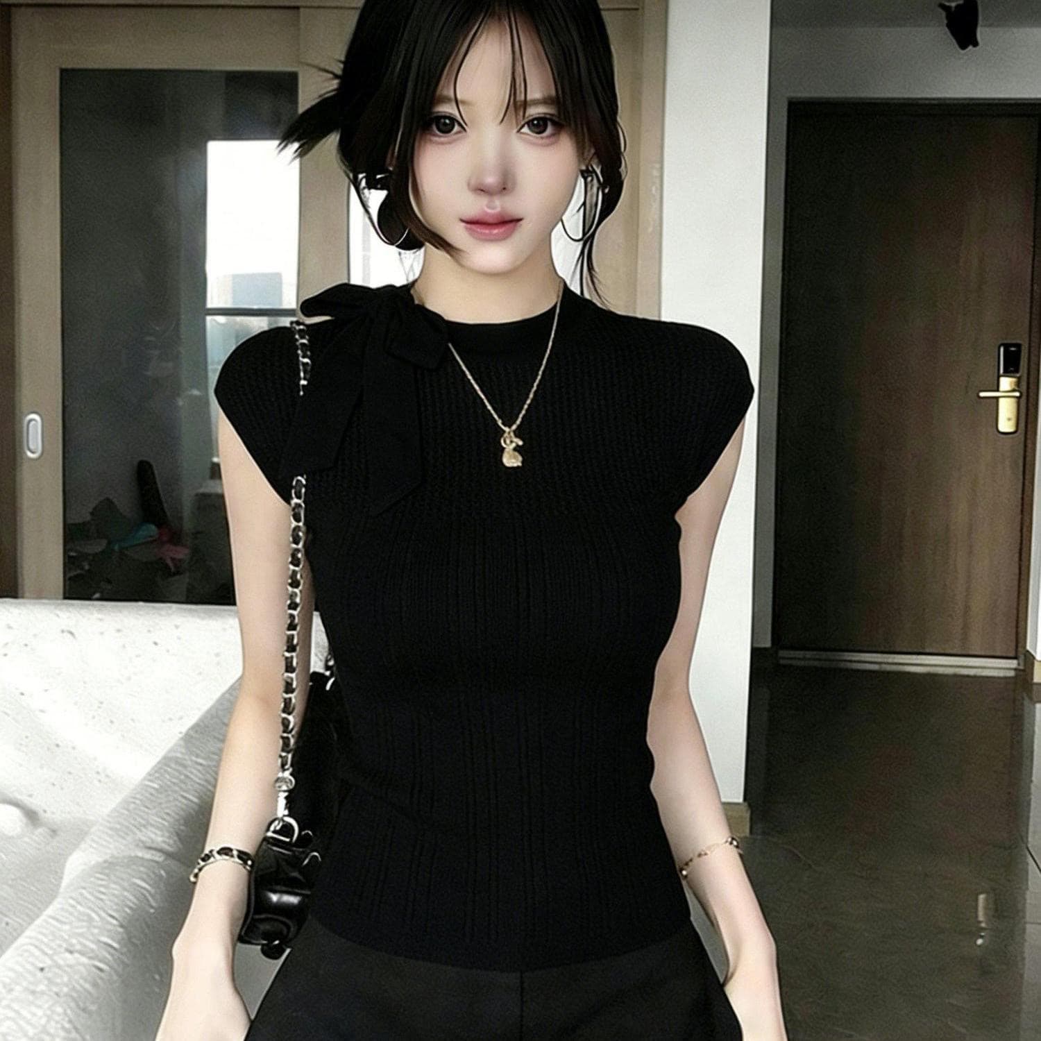 리본 스트랩 디자인 센스 작은 대중 화이트 라운드 넥 반팔 티셔츠 여성 2026 여름 새로운 품격 니트 맨위 상세 이미지 10