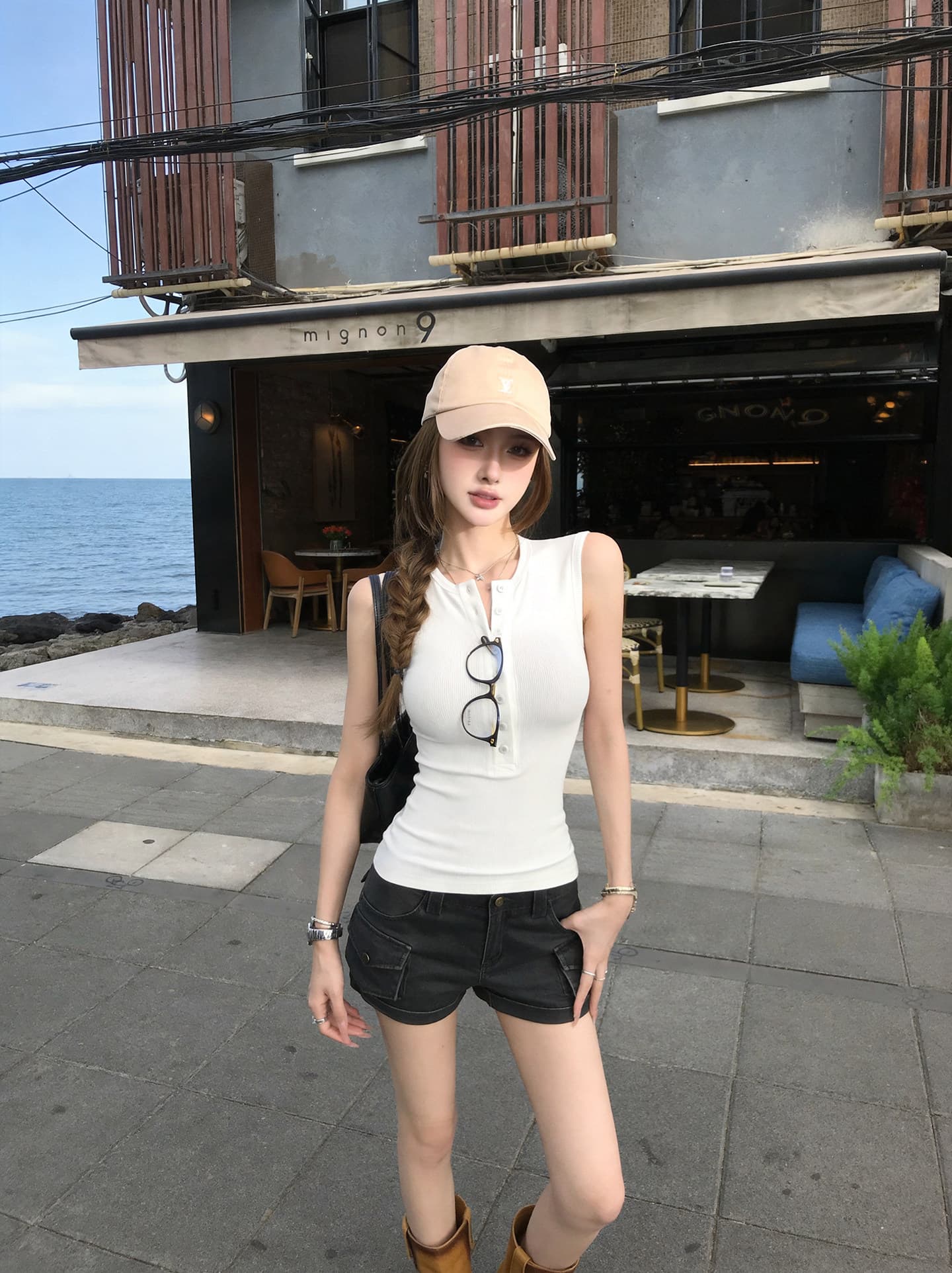 260 그램 사람들 면 한국 스타일 패션 핫걸 헨리 칼라 민소매 조끼 여성 여름 디자인 센스 몸매 가꾸기 슬림해 보이는 맨위