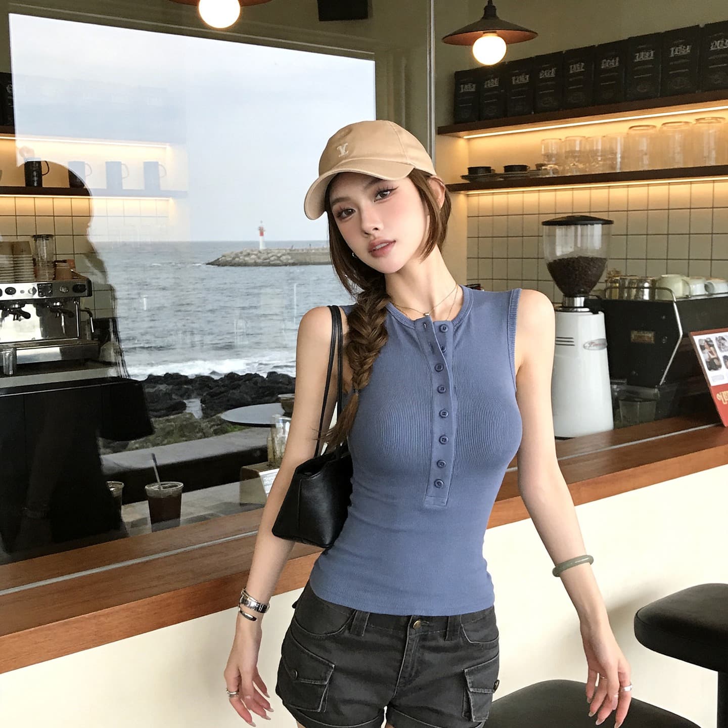 260 그램 사람들 면 한국 스타일 패션 핫걸 헨리 칼라 민소매 조끼 여성 여름 디자인 센스 몸매 가꾸기 슬림해 보이는 맨위 이미지 3