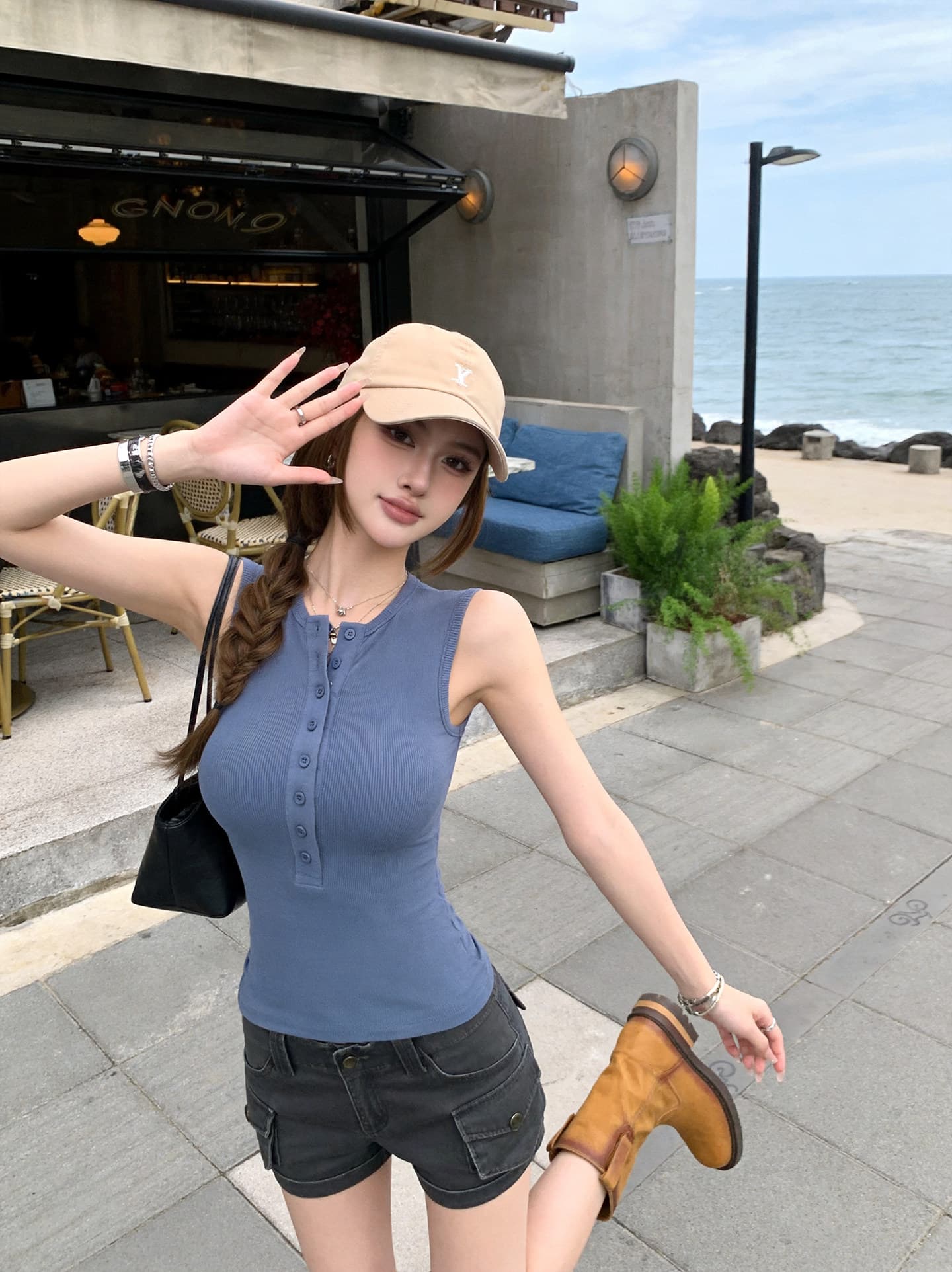 260 그램 사람들 면 한국 스타일 패션 핫걸 헨리 칼라 민소매 조끼 여성 여름 디자인 센스 몸매 가꾸기 슬림해 보이는 맨위 상세 이미지 2