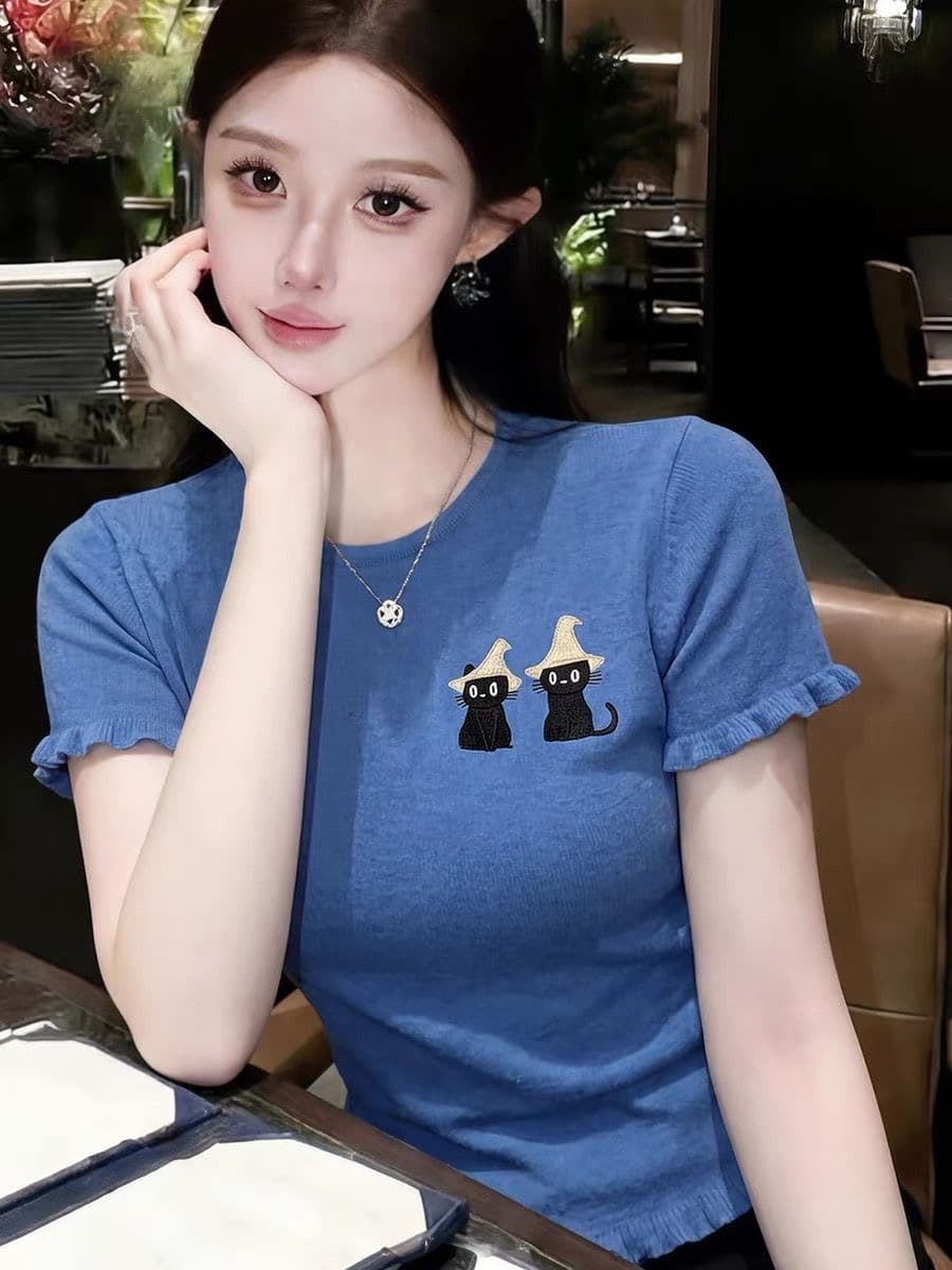 2026 여름 새로운 한 부서 착용 가져 가라. 자수 검은 고양이 얼음 실크 고유 한 Chic 다용도 니트 의류 트렌디 상세 이미지 2