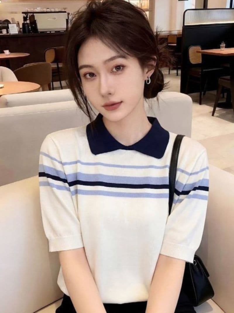 한 부서 배색 스트라이프 POLO 칼라 반팔 니트 스웨터 여름 몸매 가꾸기 슬림해 보이는 패션 출퇴근 품격 쇼트 스타일 맨위 이미지 2