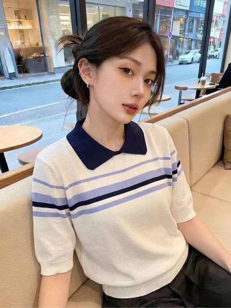 한 부서 배색 스트라이프 POLO 칼라 반팔 니트 스웨터 여름 몸매 가꾸기 슬림해 보이는 패션 출퇴근 품격 쇼트 스타일 맨위 상세 이미지 2