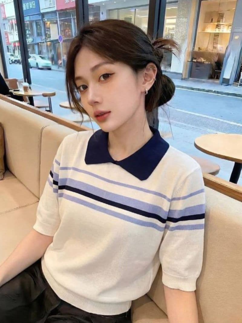 한 부서 배색 스트라이프 POLO 칼라 반팔 니트 스웨터 여름 몸매 가꾸기 슬림해 보이는 패션 출퇴근 품격 쇼트 스타일 맨위 상세 이미지 5