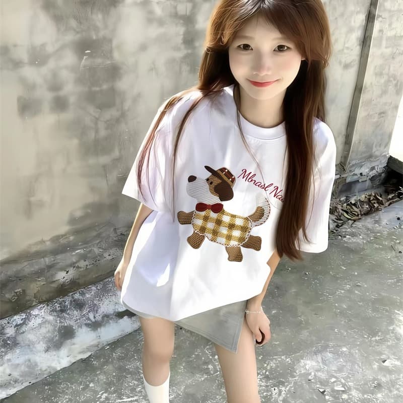 21 순면 210 그램 이후 패키지 칼라 여름 드레스 한 부서 반팔 티셔츠 여성 한국 스타일 루즈핏 빅 사이즈 프린트 이미지 5