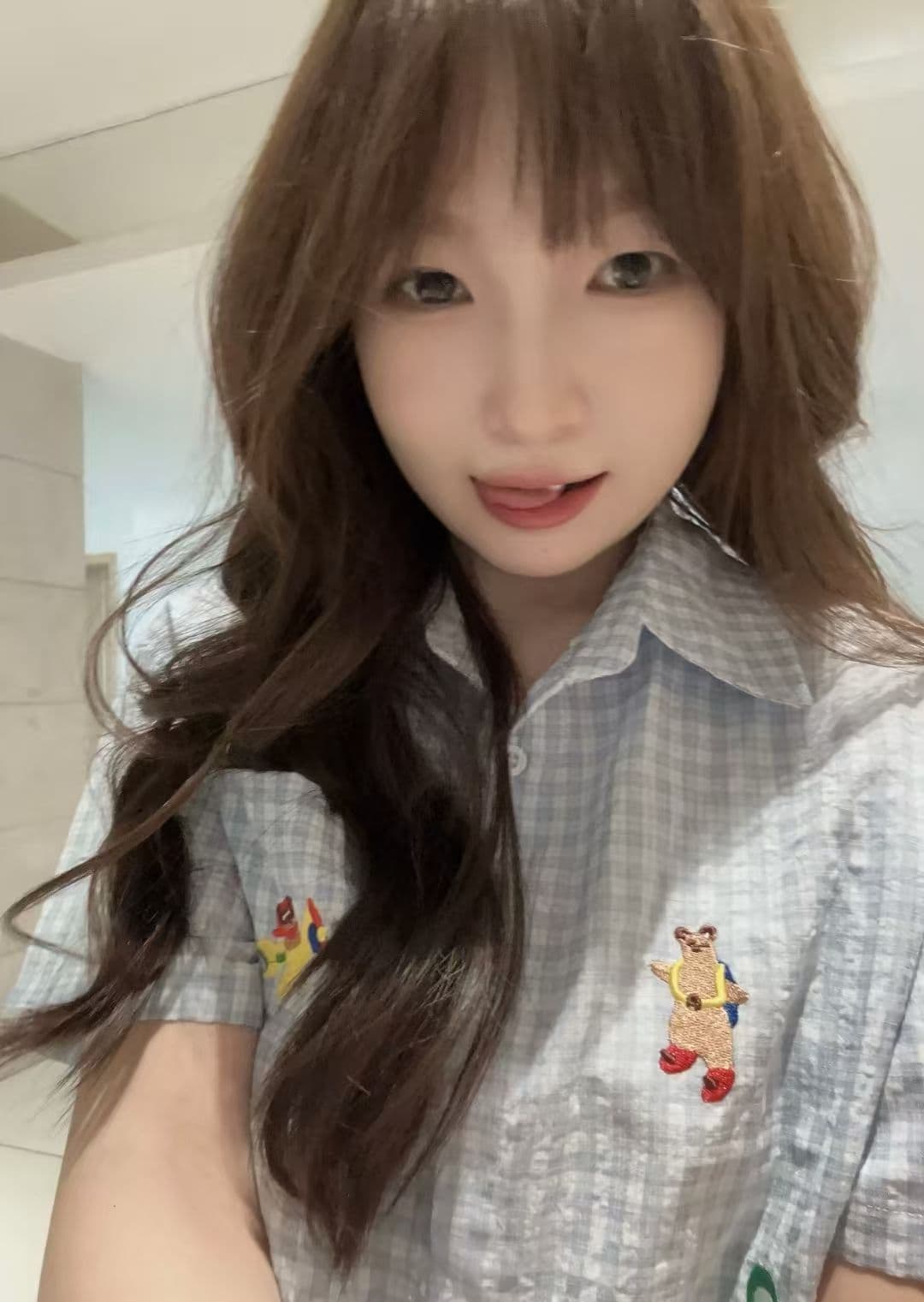 파란색 POLO 칼라 자수 반팔 여성 셔츠 여름 다용도 Chic 체크무늬 셔츠 이미지 4