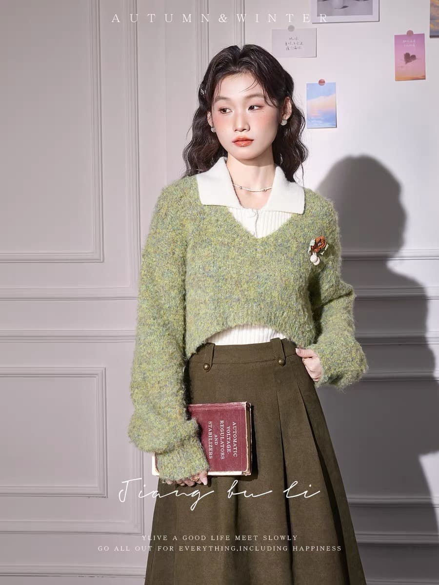 프랑스식 레트로 스웨터 세트 여성 봄 가을 겨울 새로운 POLO 칼라 조끼 녹색 디스플레이 화이트 니트 스웨터 투피스 세트 상세 이미지 2