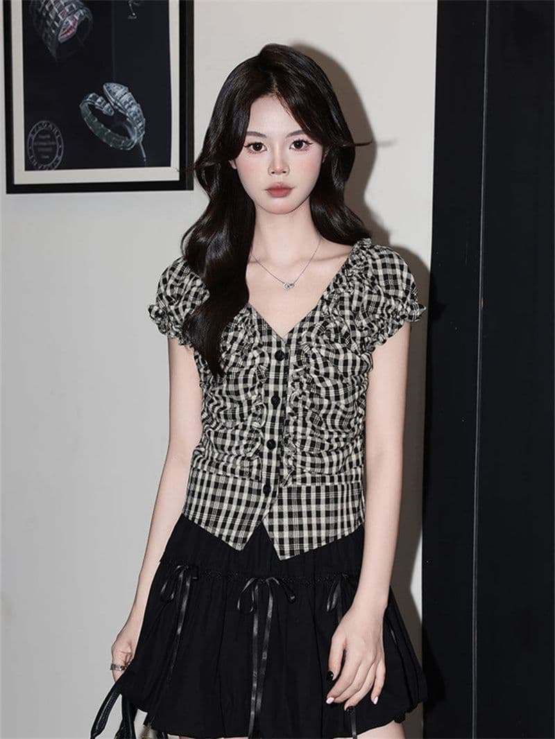 셔틀 직물 한 부서 슈퍼 잘 생긴 체크무늬 V넥 허리 수축 셔츠 여름 버블 반팔 달콤한 매운맛 맨위 상세 이미지 6