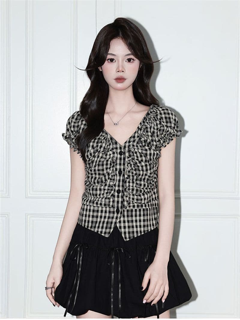 셔틀 직물 한 부서 슈퍼 잘 생긴 체크무늬 V넥 허리 수축 셔츠 여름 버블 반팔 달콤한 매운맛 맨위 상세 이미지 8