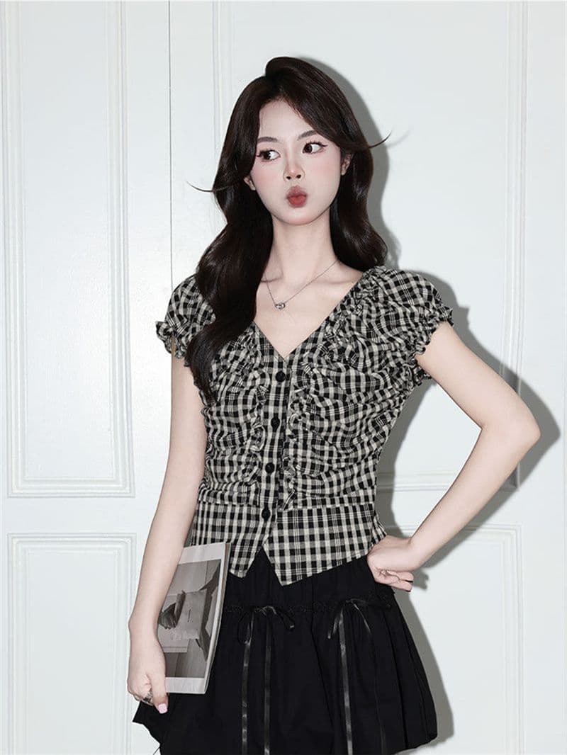 셔틀 직물 한 부서 슈퍼 잘 생긴 체크무늬 V넥 허리 수축 셔츠 여름 버블 반팔 달콤한 매운맛 맨위 상세 이미지 10
