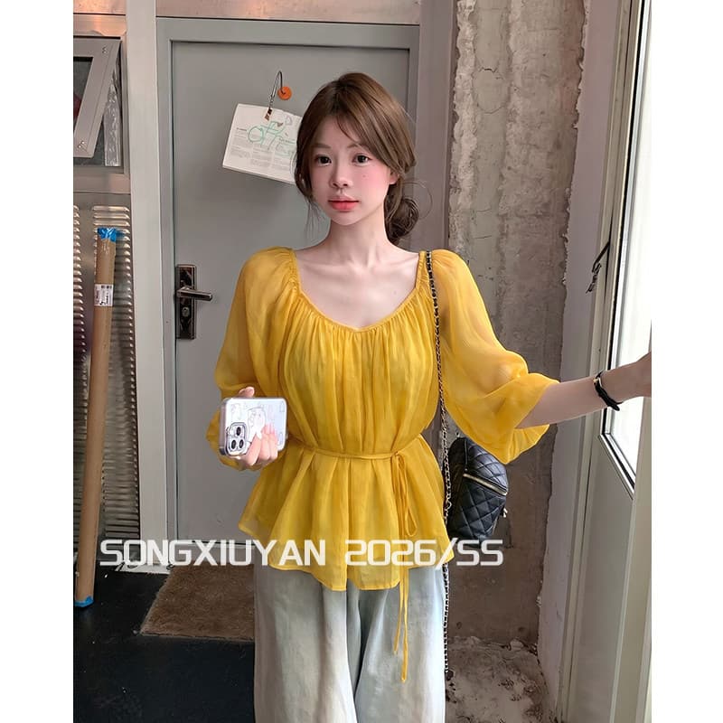 여름 휴가 바람 황색 V넥 레이스 업 셔츠 분위기 센스 주름 반소매 맨위 여성 이미지 3