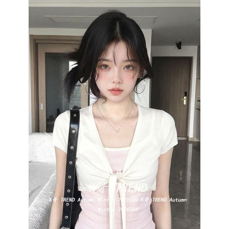 한 부서 스택 착용 스트랩 반팔 오픈 가디건 여성 투피스 세트 여름 핫걸 맨위 이미지 2