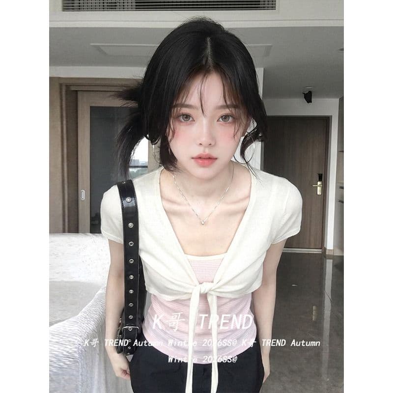 한 부서 스택 착용 스트랩 반팔 오픈 가디건 여성 투피스 세트 여름 핫걸 맨위
