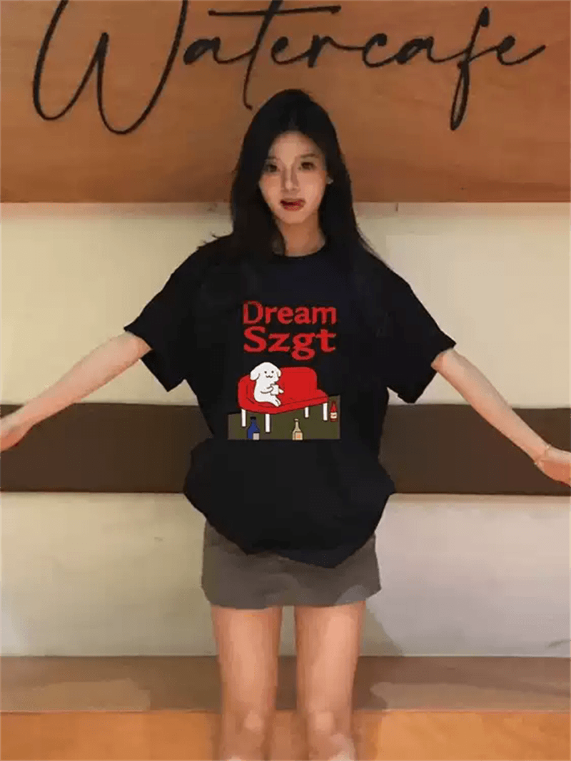 21 순면 210 그램 이후 패키지 칼라 여름 드레스 한 부서 반팔 티셔츠 여성 한국 스타일 루즈핏 빅 사이즈 프린트