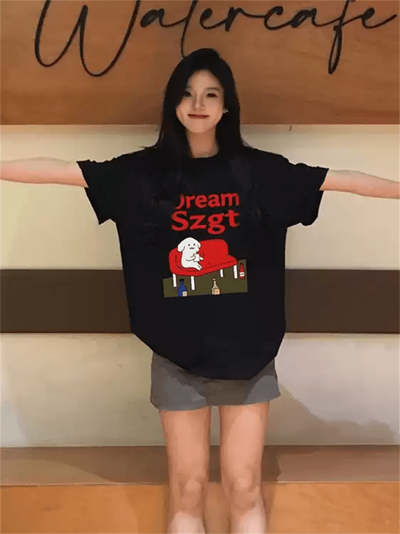 21 순면 210 그램 이후 패키지 칼라 여름 드레스 한 부서 반팔 티셔츠 여성 한국 스타일 루즈핏 빅 사이즈 프린트 상세 이미지 5